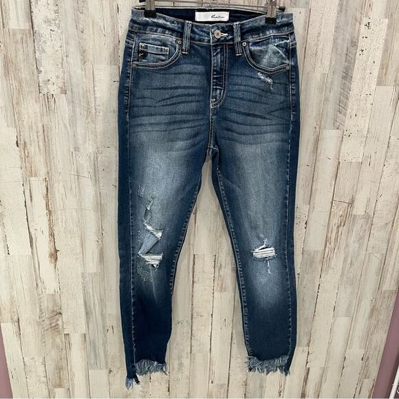 Kancan High Rise Ankle Skinny Stretch Jean Frayed Hem Dark Wash 5/26 - Picture 2 of 9